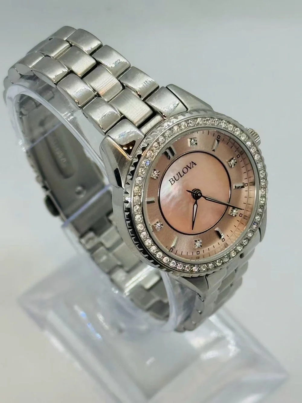 Bulova Women’s Quartz Watch Pink Mother of Pearl Crystal Bezel New Battery Runs